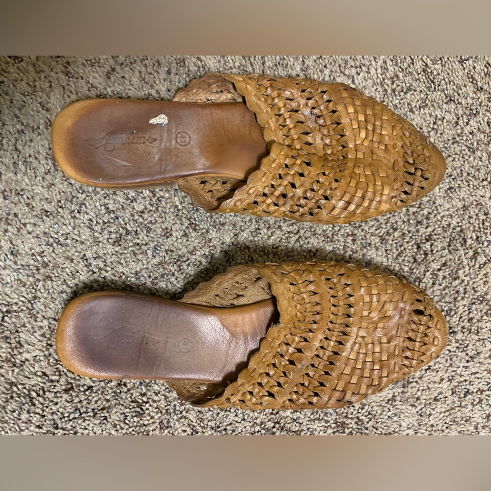 Arnhem brown leather woven mule slides 41 10